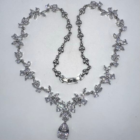 Silver tone rhodium plated clear CZs cubic zirconia formal drop necklace - Picture 1 of 8